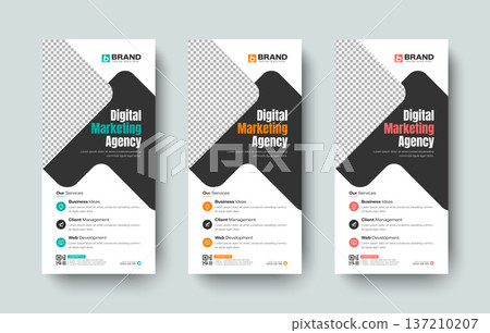 Modern shapes business dl flyer or rack card design layout template. Creative modern dl flyer, rack card, roll up banner, poster, leaflet, standee or x banner design. 137210207