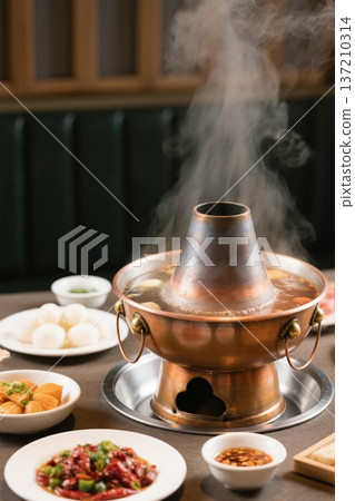 铜锅涮肉火锅食材近景 137210314