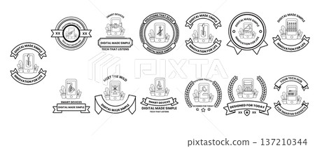 A collection of black and white logos with a ribbon in the background 137210344
