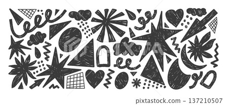 Doodle kids chalk elements abstract shapes. Figures with charcoal texture. Geometric figures, stars, arrow element. Playful scribble stickers pencil y2k. Vector graphics for modern collage isolated 137210507