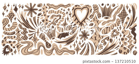 Paper cutout shapes element and collage heart for scrapbook layouts with a star, geometric figure, naive trinkets, and asterisk set. Retro vector decoration with arrow and dot isolated on white bg 137210510