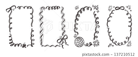 Bachelorette whimsical gothic frames. Coquette black ink borders with bows set. Ribbon and lace squiggle menu cadre. Vector wedding frame isolated on white background Bachelorette whimsical gothic frames. Coquette black ink borders with bows set. Ribbon and lace squiggle menu cadre. Vector wedding frame isolated on white background 137210512