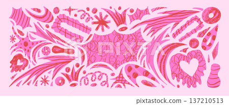 Girly cutout abstract geometric shapes background. Geometry and freeform coquette pink red collage naive doodle figures. Scrapbook stickers with arch stars, arrows, heart shape. Vector illustration Girly cutout abstract geometric shapes background. Geometry and freeform coquette pink red collage naive doodle figures. Scrapbook stickers with arch stars, arrows, heart shape. Vector illustration 137210513