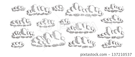 Sketchy clouds set. Outline doodles sky background whit retro hatching. Naive pencil childish sky background. Kids cloudy doodles for baby nursery decor or weather design. Vector scrawl on white bg 137210537