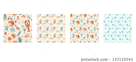 Cute coastal seamless patterns collection. Aop illustrations featuring lobster, shells, sea creatures. Vector seamless summer pattern for beach vintage prints, or tropical ocean-themed backgrounds. 137210543