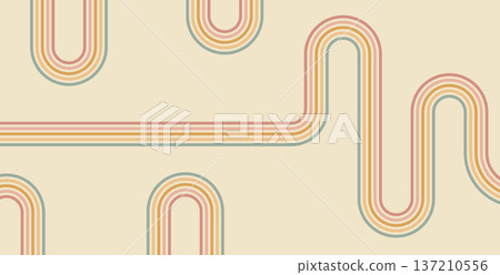 Groovy rainbow background. Wavy stripes vintage colors cover. Playful squiggle wave arch wall design. Vector retro beige wiggle ornament 137210556
