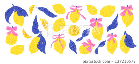 Hand-drawn crayon lemons whole, slices and bow. Coquette whimsical citrus fruit set with Italian Amalfi coast vibes. Girly ribbons and fresh fruits. Vector lemon scribble pencil isolated no bg Hand-drawn crayon lemons whole, slices and bow. Coquette whimsical citrus fruit set with Italian Amalfi coast vibes. Girly ribbons and fresh fruits. Vector lemon scribble pencil isolated no bg 137210572