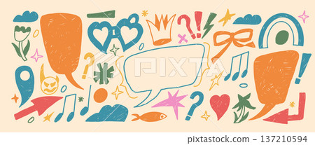 Speech bubble message and crayon quote frames inspired by doodles and childish art. Scribbled text boxes, clouds, marks drawn by pencil or chalk. Vector red, blue collage pieces with a Y2K retro mood 137210594