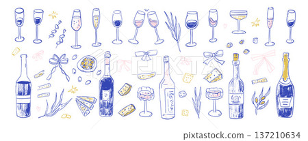 Summer wine bottle, cheese crayon blue sketch illustration. Hand-drawn doodle icon for picnic menu, party invitations and Mediterranean dinner design. Vector scribble set isolated on transparent bg Summer wine bottle, cheese crayon blue sketch illustration. Hand-drawn doodle icon for picnic menu, party invitations and Mediterranean dinner design. Vector scribble set isolated on transparent bg 137210634
