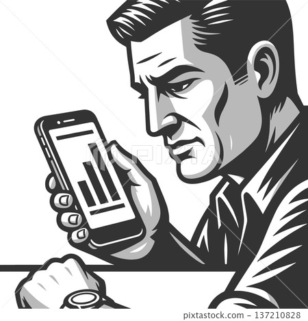 Serious Man Analyzing Data on Smartphone raster 137210828