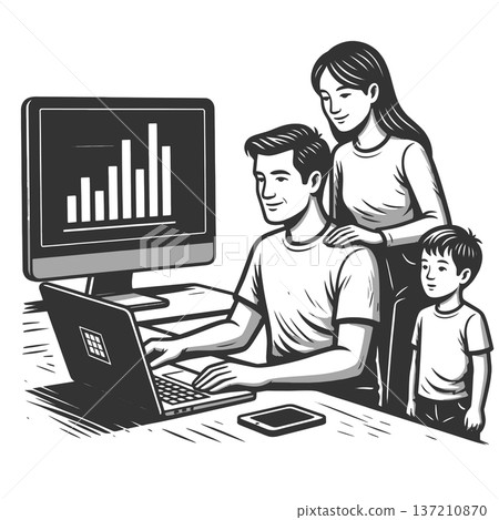 Family Reviewing Finances on Home Computer vector Family Reviewing Finances on Home Computer vector 137210870