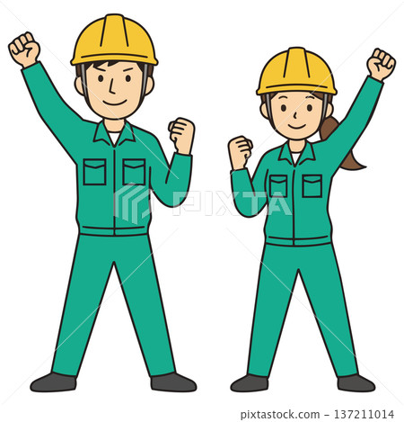 一幅插圖，描繪了一男一女身穿藍色工作服、頭戴安全帽，高舉拳頭站立。線條流暢，表情微笑。 137211014