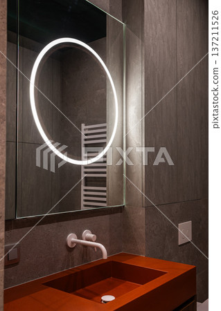 Modern bathroom vanity with round LED mirror Modern bathroom vanity with round LED mirror 137211526