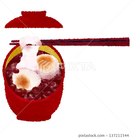 Stretchable round rice cake sweet soup in a red bowl with a lid, watercolor touch 137211544