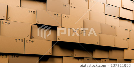 Stacked Cardboard Boxes Wall 3D Render Logistics Warehouse, Concept Background 137211993