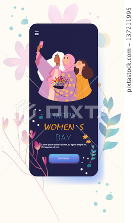 8 March womens day diverse women group selfie celebration flowers floral background mobile app screen 8 March womens day diverse women group selfie celebration flowers floral background mobile app screen 137211995