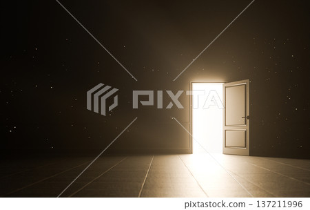 Open Glowing Door Dark Room Stars Hope Spiritual Portal Concept, 3D Render 137211996