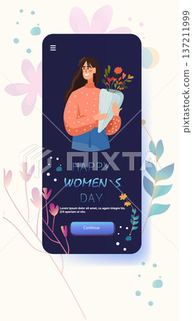 8 March womens day celebration woman holding bouquet flowers floral decorations mobile app screen dark blue background modern design 8 March womens day celebration woman holding bouquet flowers floral decorations mobile app screen dark blue background modern design 137211999