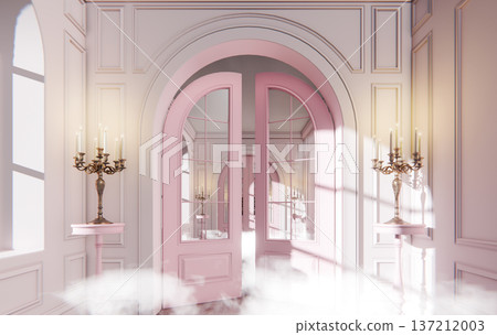 Surreal Dream Pink Baroque Hall with Clouds Heaven Fantasy Portal, 3D Render 137212003