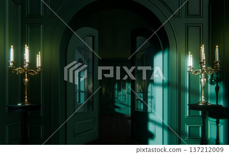 Sinister Dark Gothic Corridor Mystery Portal, 3D Render Haunted Palace 137212009