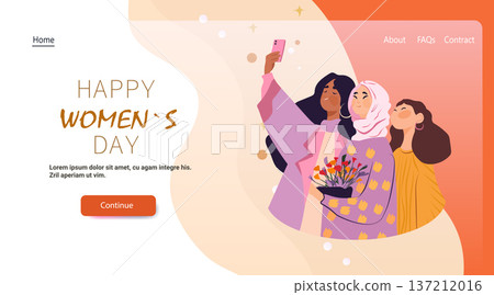 8 March womens day diverse women selfie flowers celebration modern flat design website banner pastel background 137212016