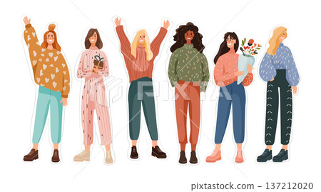 8 March womens day celebration diverse women group cheerful friends casual clothes holding flowers gift flat style white background 137212020