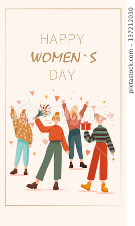 8 March womens day celebration group of happy diverse women holding flowers gifts confetti hearts pastel background festive card 8 March womens day celebration group of happy diverse women holding flowers gifts confetti hearts pastel background festive card 137212030