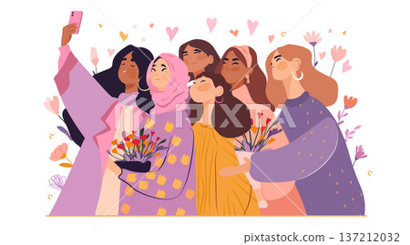 8 March womens day diverse women group selfie celebration flowers love hearts floral background friendship unity pastel colors 137212032