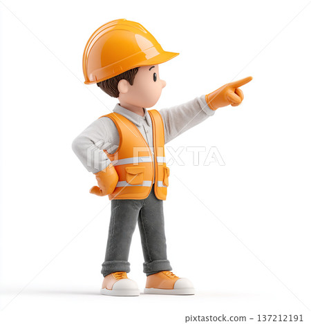A clean 3D render of a white-bodied construction worker wearing a hard hat and safety vest, pointing toward the right while standing against a plain white background. 137212191