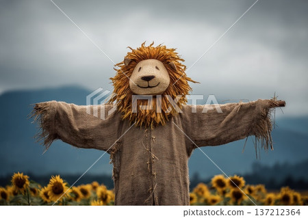 Cheerful Scarecrow with Lion Head Standing Proudly in a Sunflower Field Under Overcast Sky 137212364