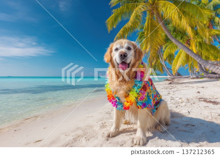 Happy Golden Retriever Wearing Colorful Hawaiian Shirt at Tropical Beach with Palm Trees 137212365