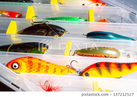 Fishing Tackle Box Organized with Various Lures. Fishing equipment and accessories Fishing Tackle Box Organized with Various Lures. Fishing equipment and accessories 137212527