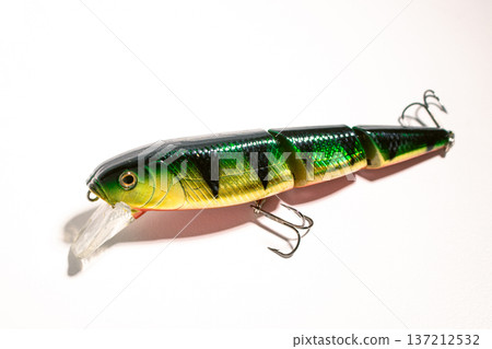 Fishing accessories bobbers, hooks, tackles, baits isolated on white background. Image for shop for fisherman. Close up 137212532