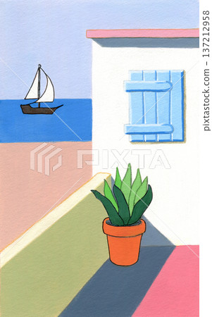 Sea landscape with boat and plant Sea landscape with boat and plant 137212958