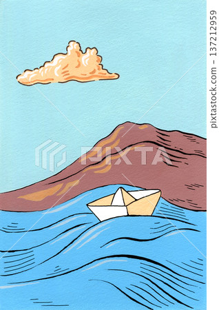 Paper boat floating on the ocean Paper boat floating on the ocean 137212959