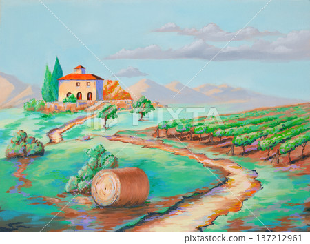 Rural landscape with vineyard and farmhouse 137212961