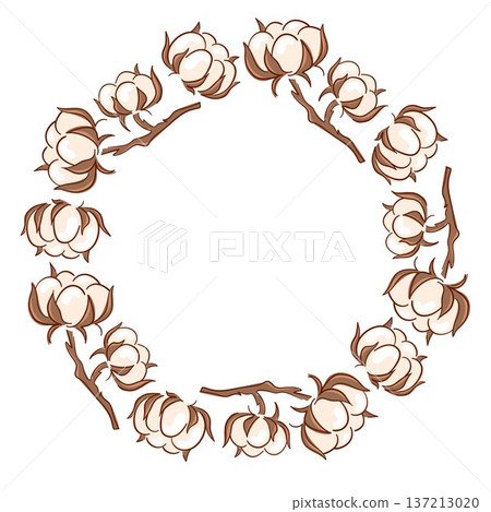 Wreath with cotton plant, flower and boll in circular frame. Flat style illustration for wedding invitation, store packaging and gift card. 137213020