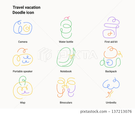 Minimal doodle line icon set for travel and vacation concepts. Hand drawn abstract icons of travel essentials for tourism, holiday planning, adventure, and lifestyle design. 137213076