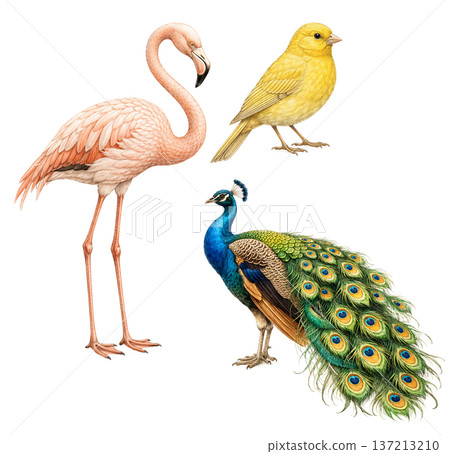 Exotic Bird Collection Illustration   Flamingo, Canary and Peacock Isolated on White 137213210