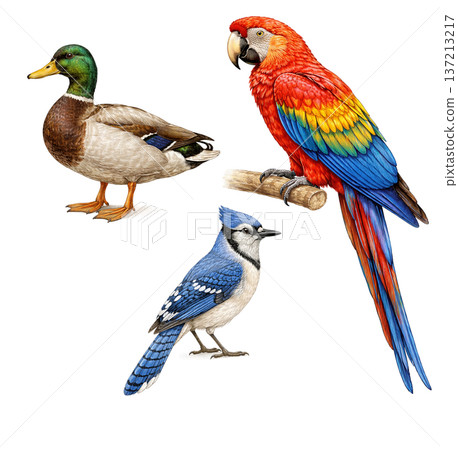 Colorful Bird Species Illustration  Duck, Macaw Parrot and Blue Jay 137213217