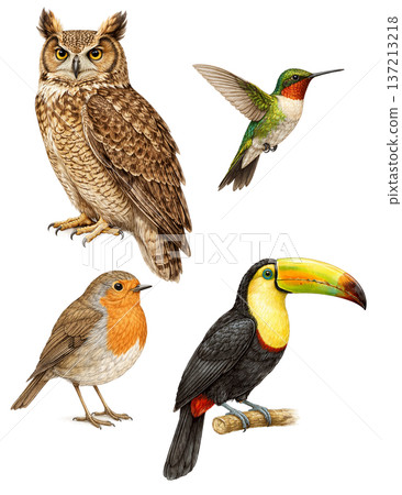 Wild Bird Illustration Set   Owl, Hummingbird, Robin and Toucan 137213218