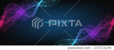 Abstract tech network connection dots. Digital background and big data technology. Blue background with plexus lines effect. Geometric background with abstract mesh. 137213249