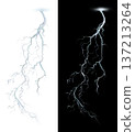 Lightning bolt illustration with branching jagged paths striking from cloud formation on transparent background isolated for scientific visualization and commercial use 137213264