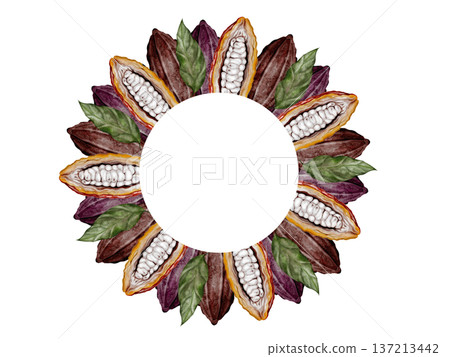 Cocoa beans and pods watercolor round frame. Superfood clip art. Hand-drawn watercolor illustration on a white background. For chocolate and cocoa product designs. 137213442