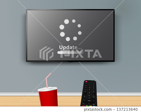 Update progress on TV screen. Watching online TV with remote control and cola drink cup 137213640