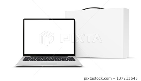 Realistic laptop computer with white carton box mockup 137213643