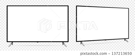 Smart tv mockup. Front and side view with white empty screen on transparent background. 137213650