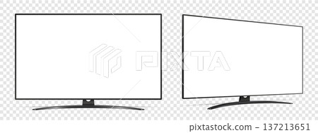 Smart tv mockup. Front and side view with white empty screen on transparent background. 137213651