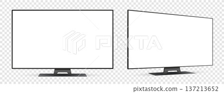 Realistic tv screen mockup. Front and side view with white empty screen on transparent background. 137213652