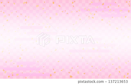 以櫻花色棋盤格圖案為背景的日式春日圖案，點綴著飄動的金葉。整體設計柔和，帶有朦朧感和漸層效果。 137213653